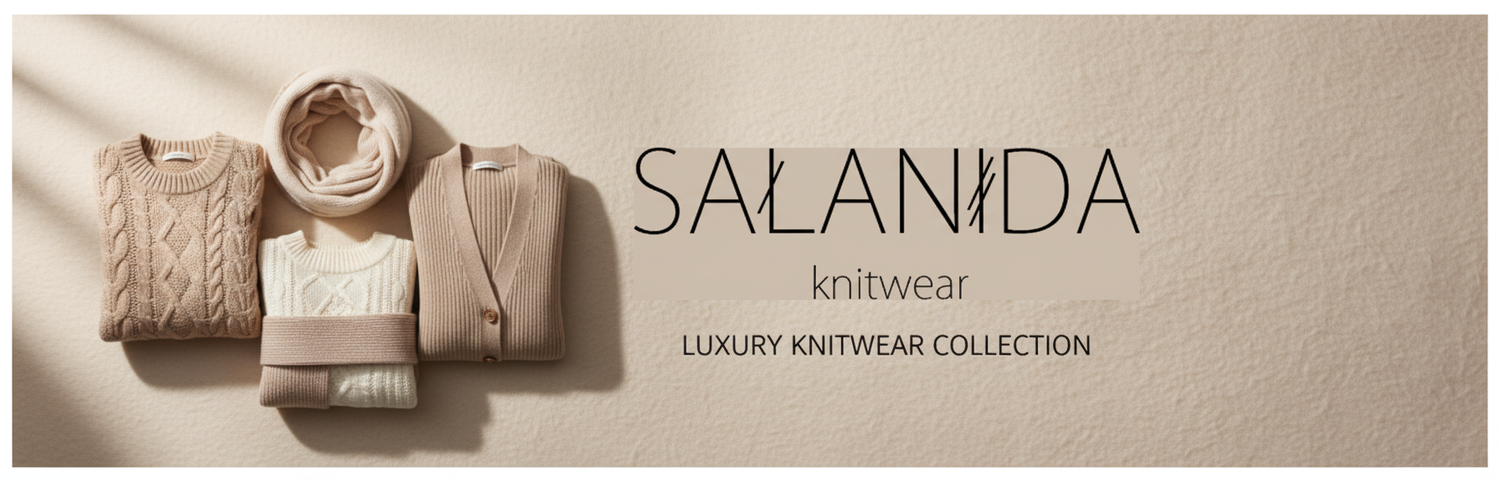 SALANIDA knitwear - prabangios megztinių kolekcijos baneris su minimalistiniu logotipu šiltais neutraliais tonais