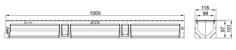 Drenažo latakas su Ø 110 mm vamzdžiu, A15 Aco Euroline, 1 m