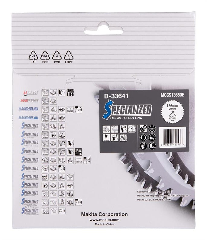 Pjovimo diskas metalui Makita; 136x1,4x20,0 mm; Z50; -15°
