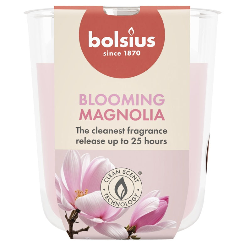 Świeca zapachowa Bolsius Blooming Magnolia, 25 h, różowa