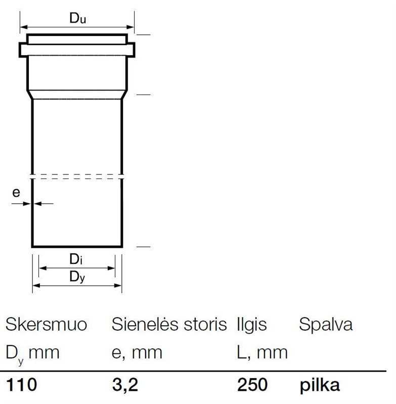 Vidaus kanalizacijos PVC vamzdis Wavin, Ø 110 mm, 0,25 m