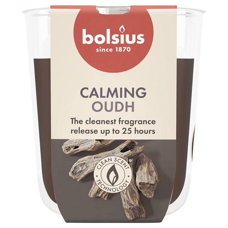 Świeca zapachowa Bolsius Calming Oudh, 25 h, brązowa