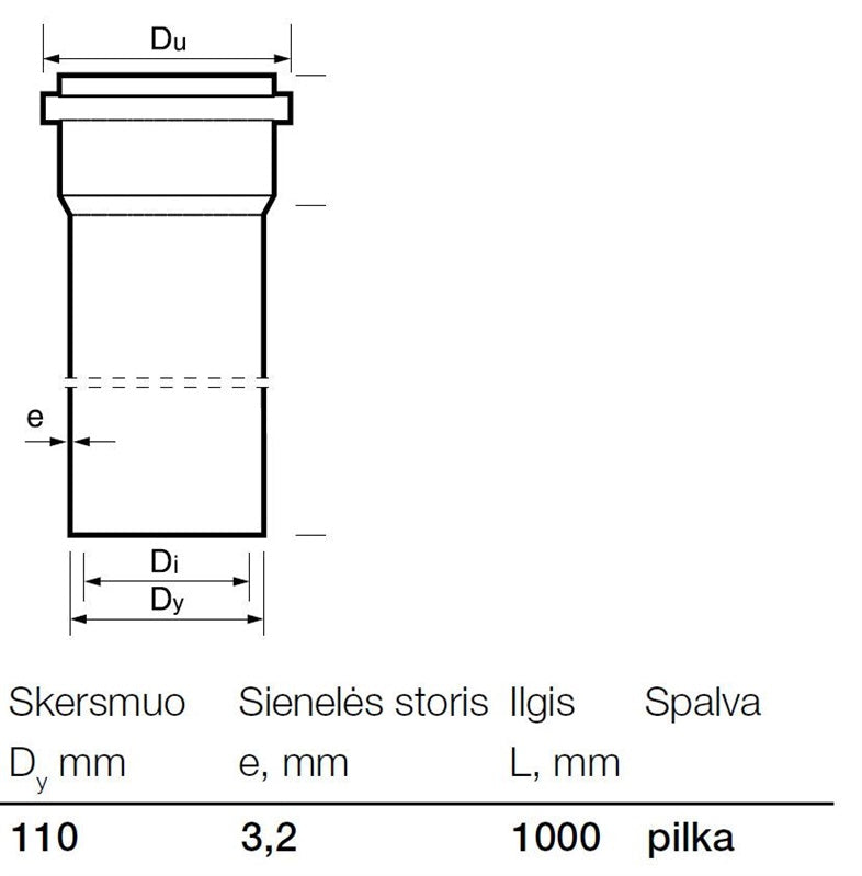 Vidaus kanalizacijos PVC vamzdis Wavin, Ø 110 mm, 1 m