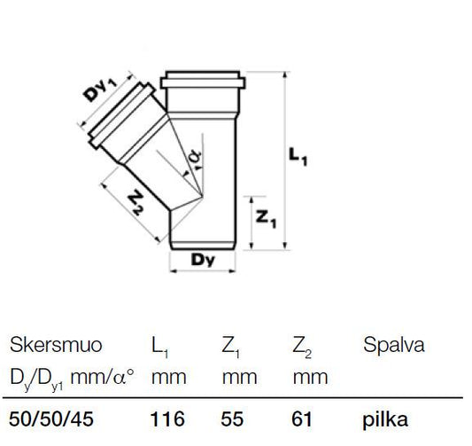 Vidaus kanalizacijos trišakis Wavin, Ø 50 / 50 mm, 45°