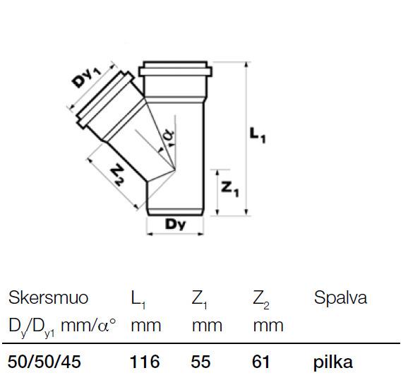 Trójnik kanalizacyjny wewnętrzny Wavin, Ø 50 / 50 mm, 45°