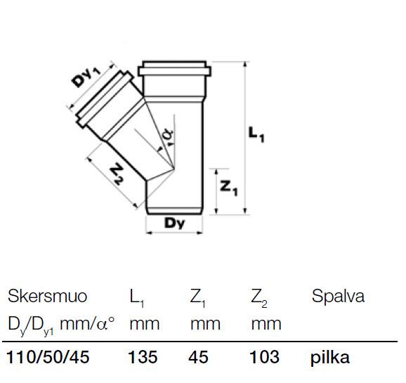 Vidaus kanalizacijos trišakis Wavin, Ø 50 / 110 mm, 45°