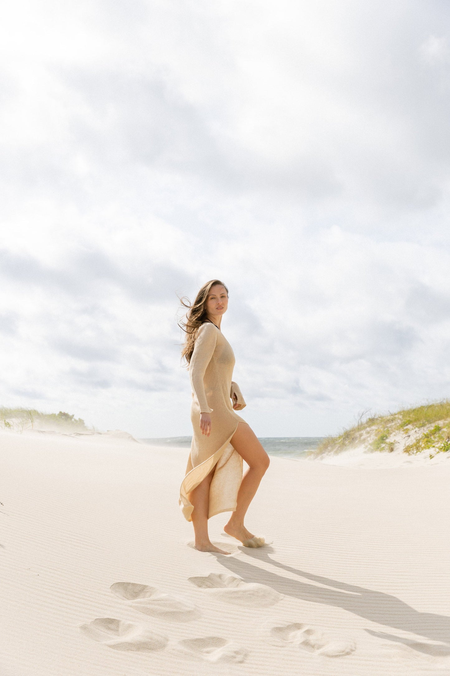 Mare 100% Leinen Langes Kleid Sand