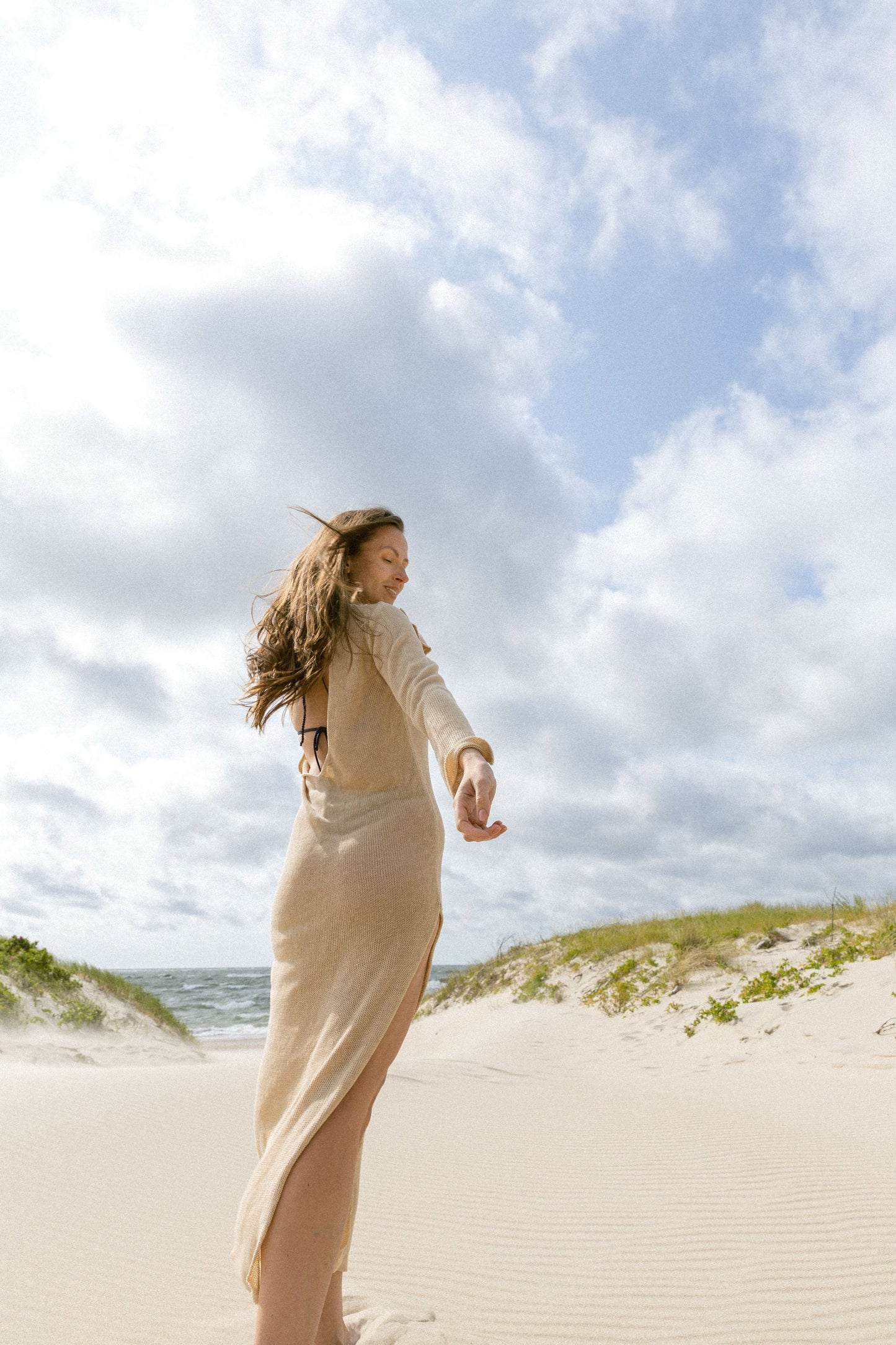 Mare 100% Leinen Langes Kleid Sand