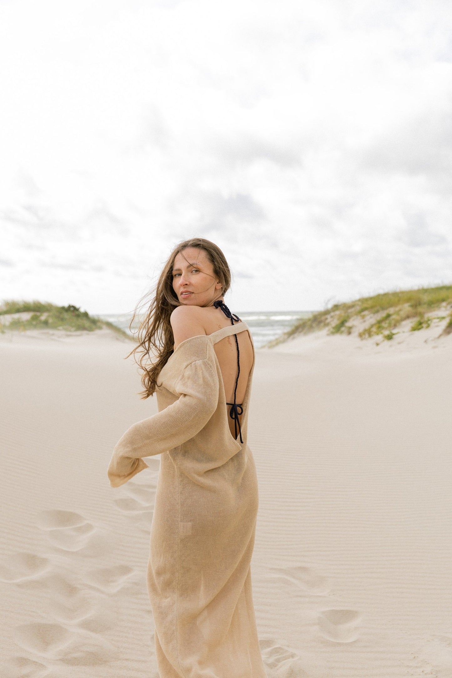 Mare 100% Leinen Langes Kleid Sand