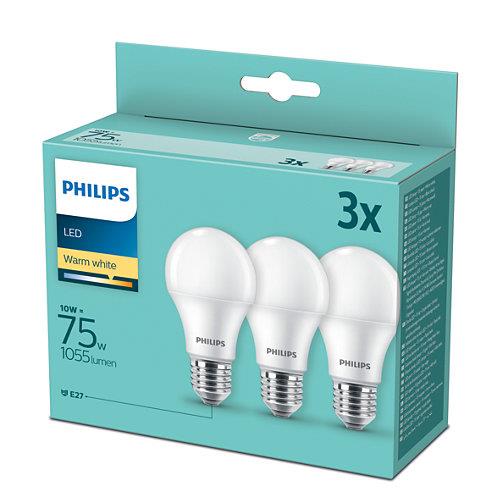 Lemputės Philips LED, A60, E27, 10W, 1055lm, 2700K, 3 vnt