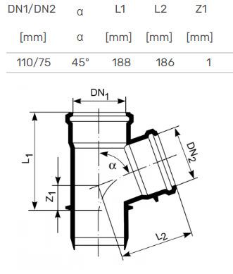 Trójnik do kanalizacji wewnętrznej HTplus, Ø 110 / 75 mm, 45°