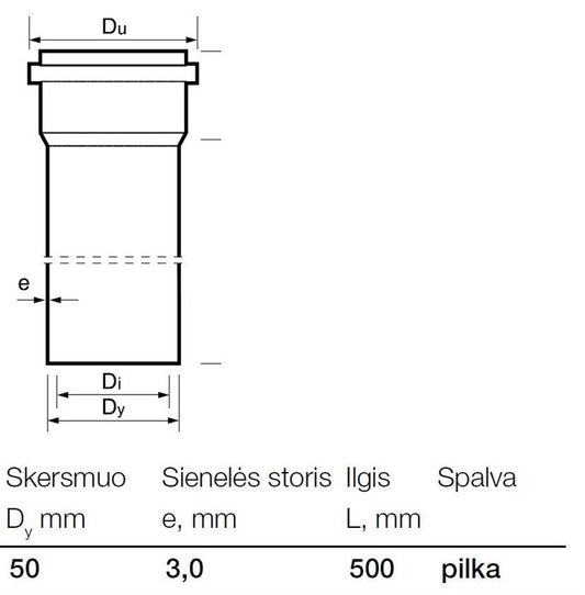 Vidaus kanalizacijos PVC vamzdis Wavin, Ø 50 mm, 0,5 m