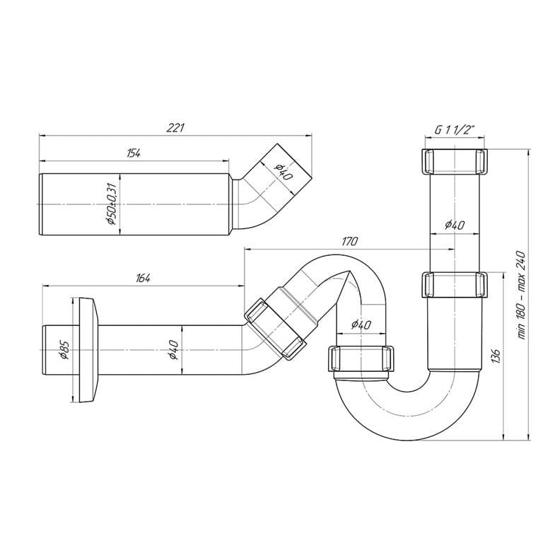 Sifonas Aniplast DY0136EU, 1 1/2 x 40, be ventilio