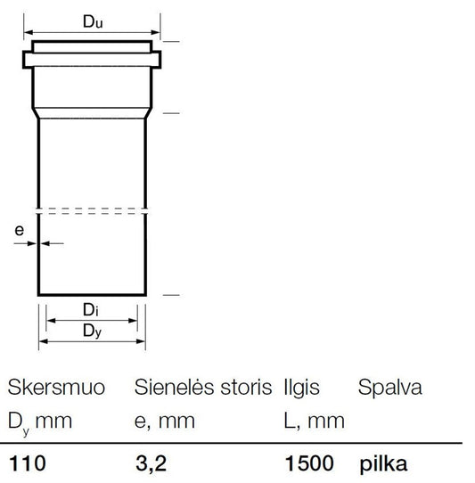 Vidaus kanalizacijos PVC vamzdis Wavin, Ø 110 mm, 1,5 m