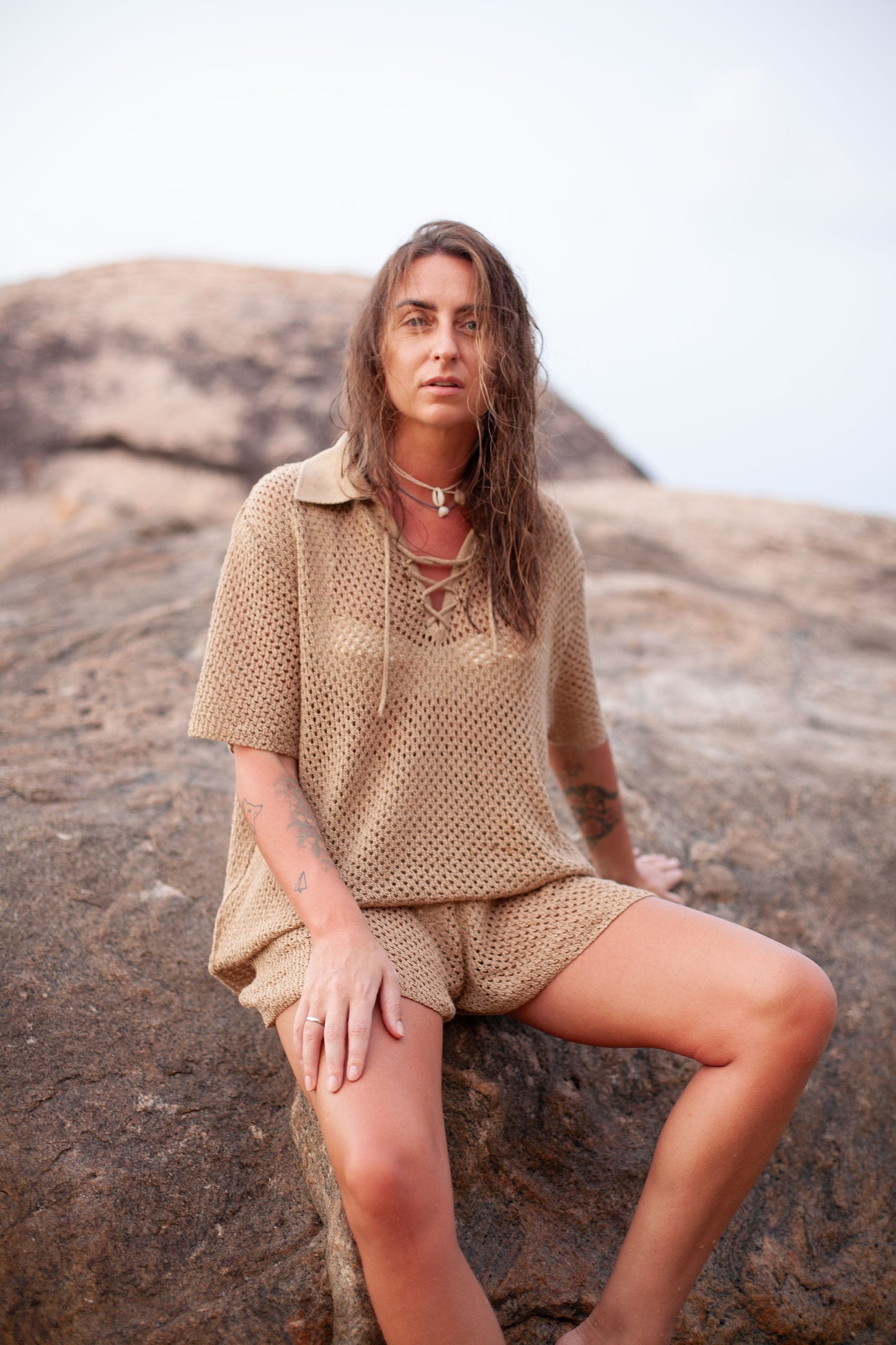 Coco Polo Spitzenhemd Sand