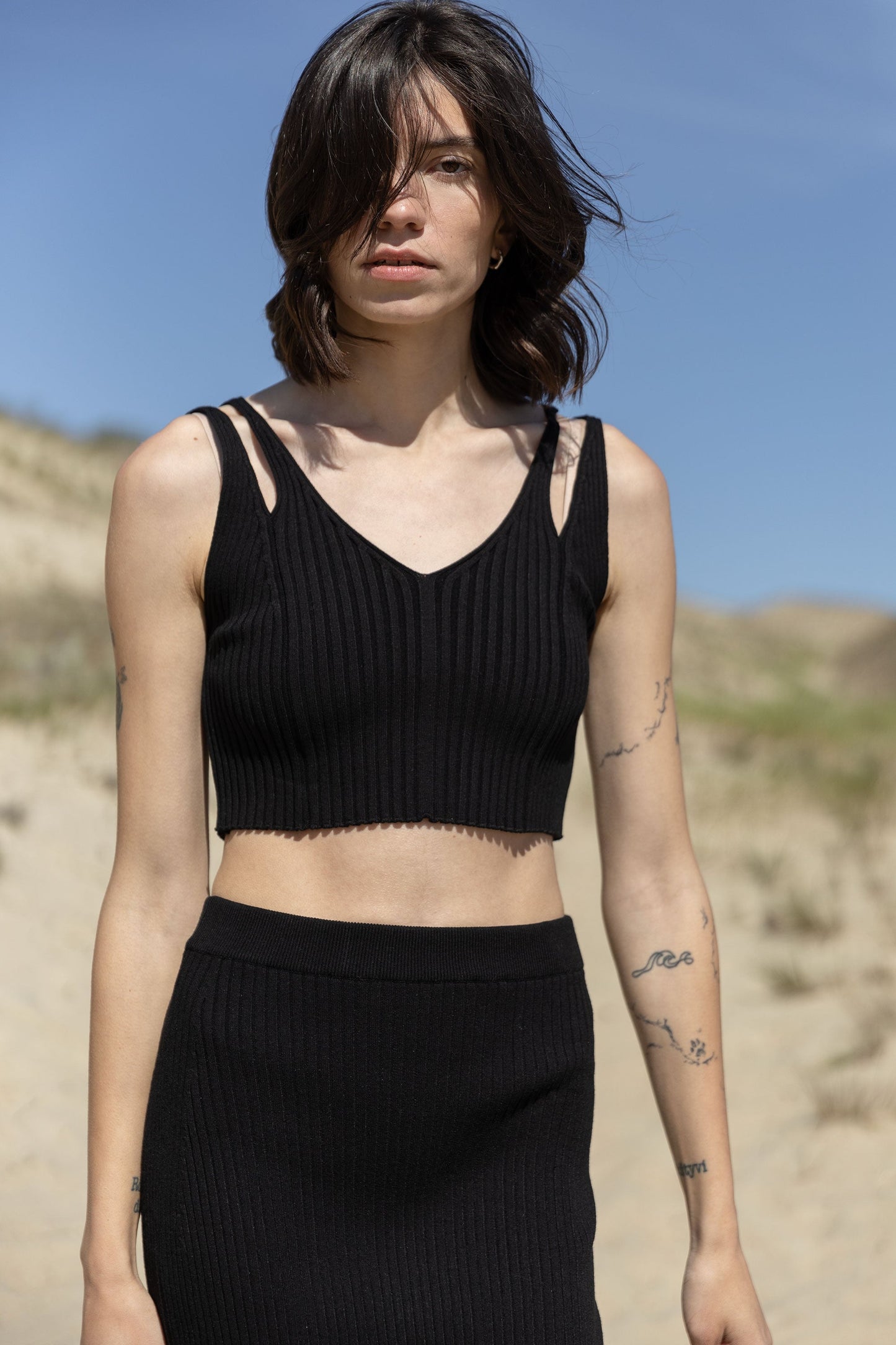 Donna Geripptes Crop Top Schwarz