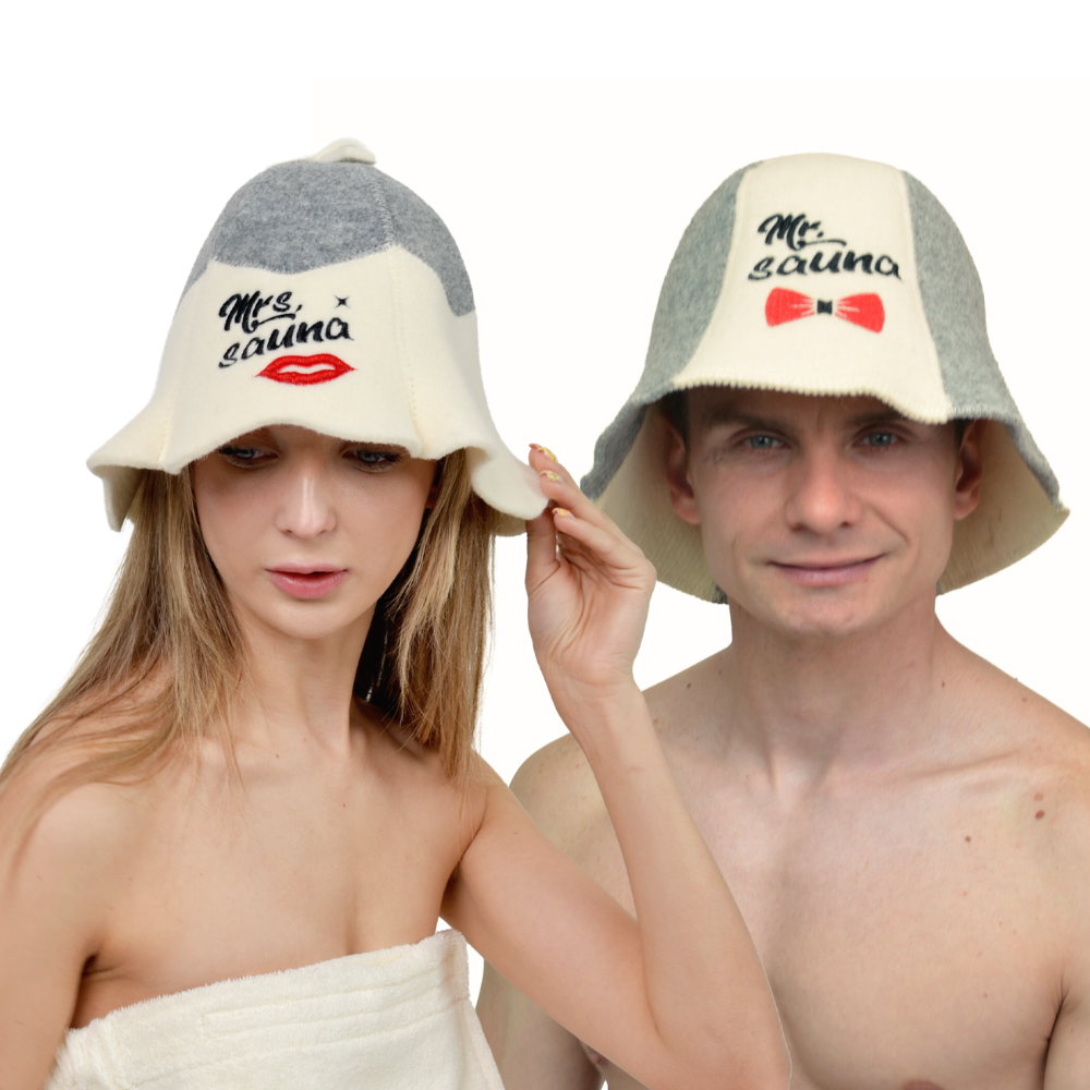 Sauna Hats 'Mr. and Mrs. Sauna', 100% Wool, Set of 2 - The Perfect Sauna Accessory for Couples