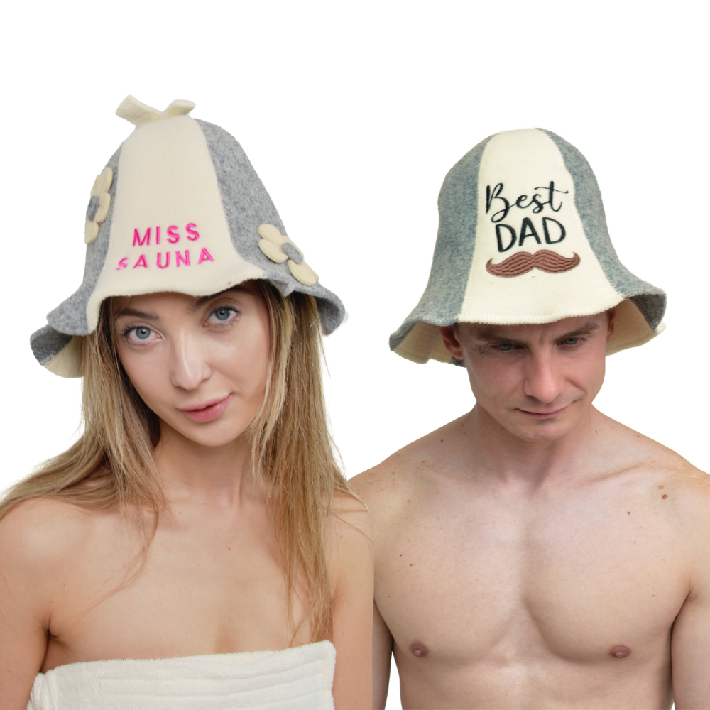 Czapka do sauny „Miss Sauna” i „Najlepszy Tata” 100% wełna, zestaw 2 szt.