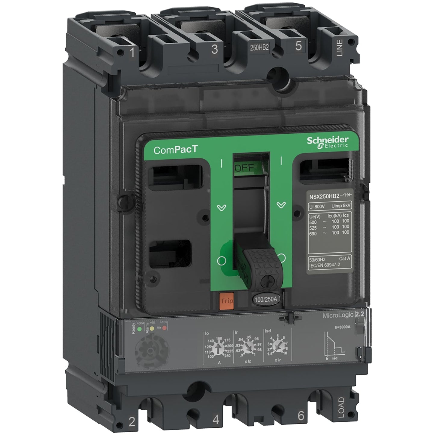 C16F32D160 Circuit breaker, ComPacT NSX160F, 36kA/415VAC, 3 poles, MicroLogic 2.2 trip unit 160A