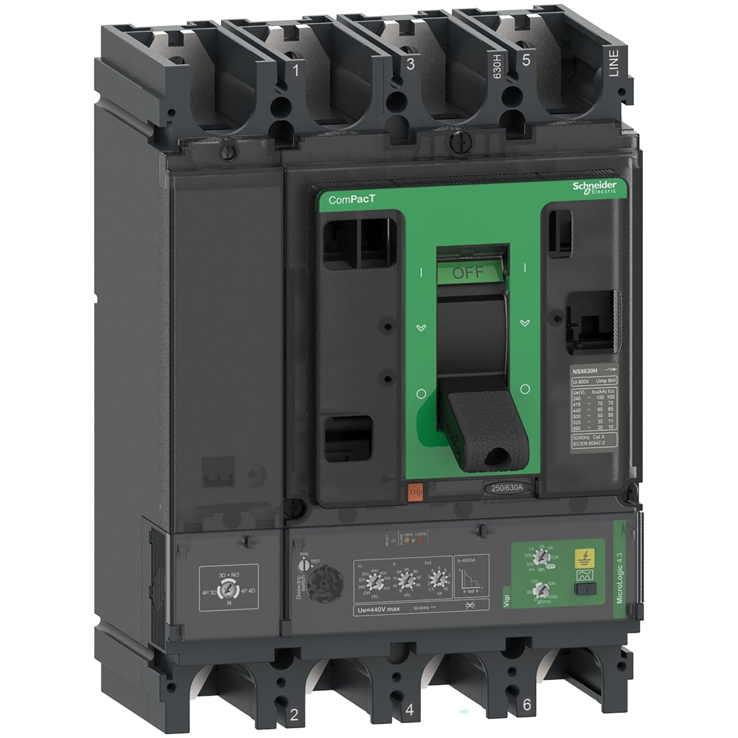 C40N44V400 Schneider Electric Circuit breaker, ComPacT NSX400N, 50kA/415VAC, 4 poles, MicroLogic Vigi 4.3 trip unit 400A