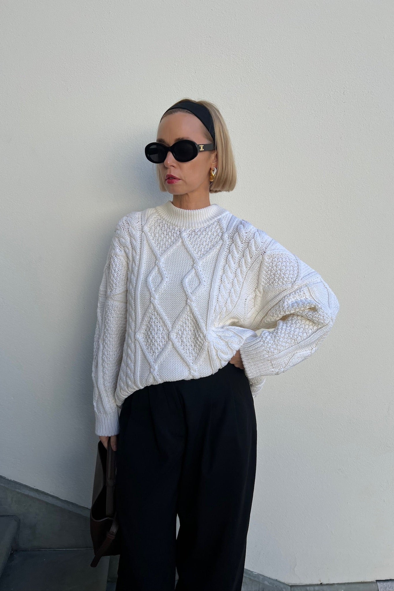Nonna Zopfmusterpullover aus 100 % Merinowolle Weiß