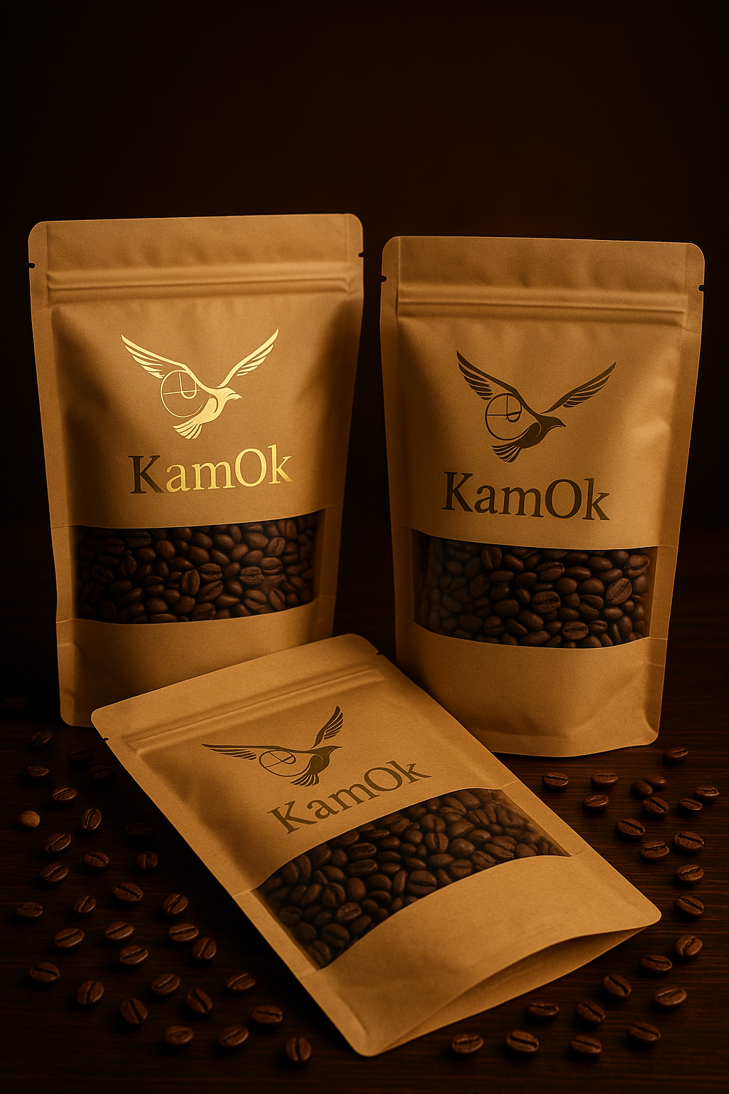 Kavos pakuotės su KamOk logotipu - tamsus premium fonas