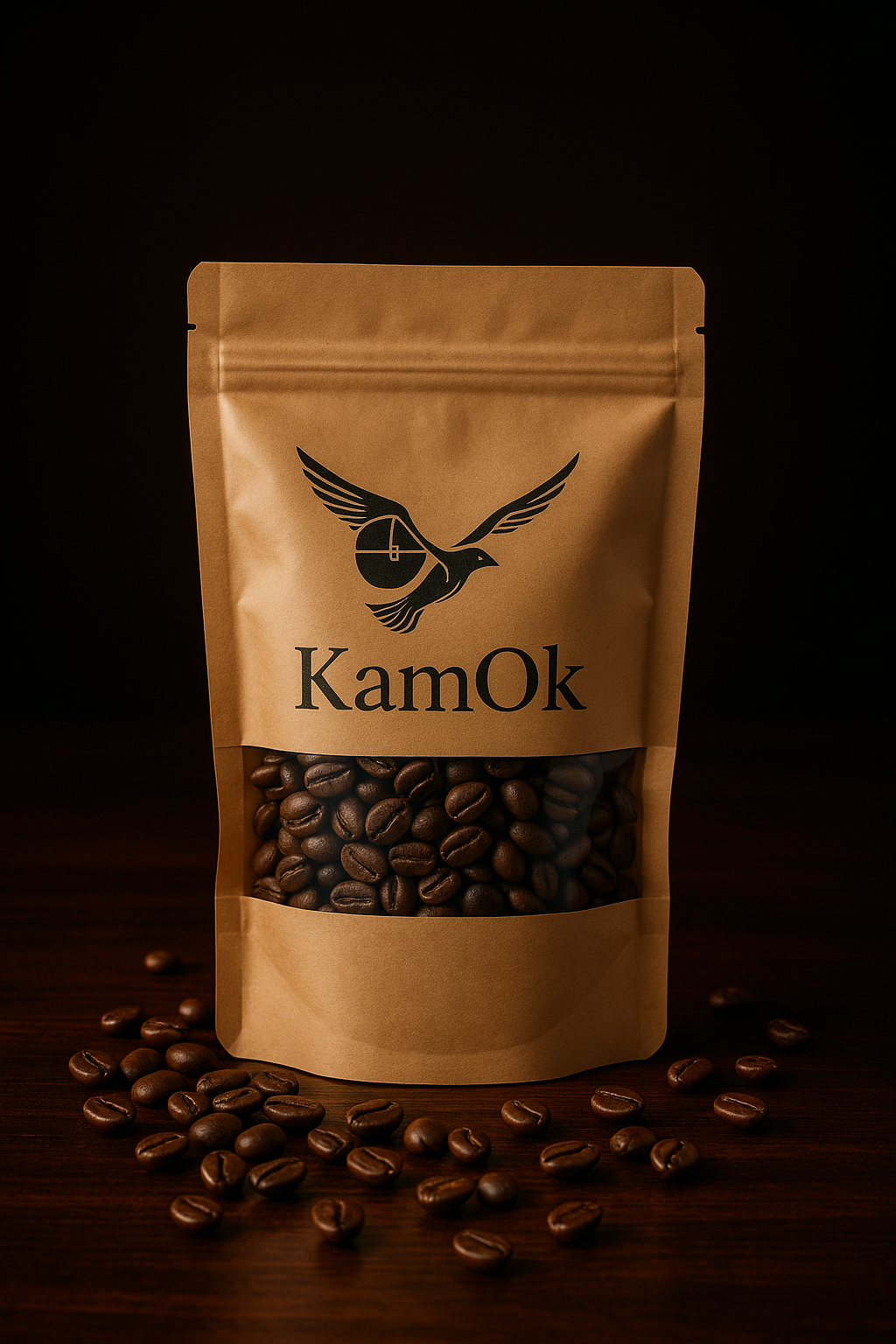 Kavos pakuotė su KamOk logotipu - tamsus fonas