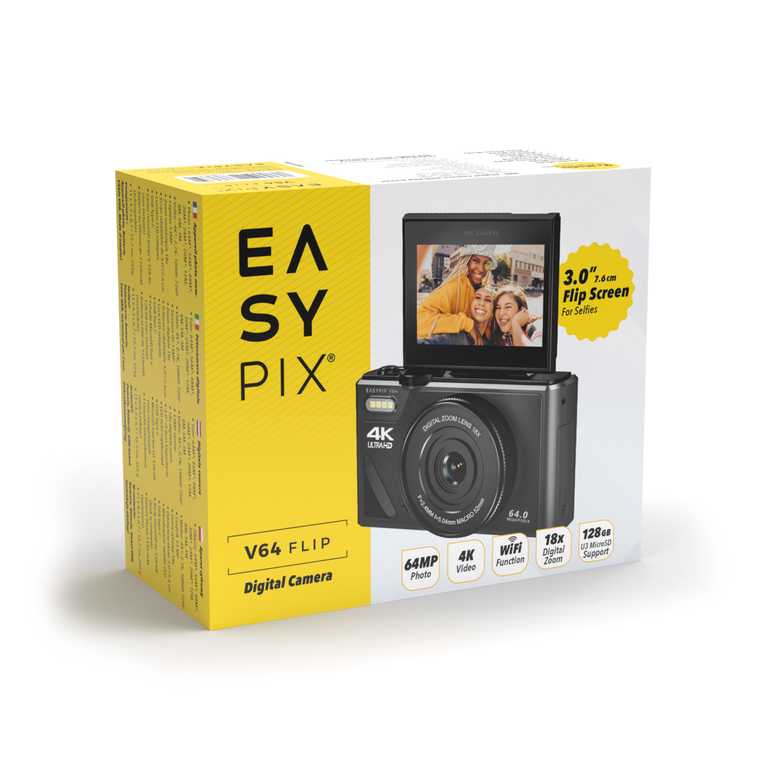 Easypix V64 Flip digitālā kamera — rotējošs ekrāns, kompakts dizains