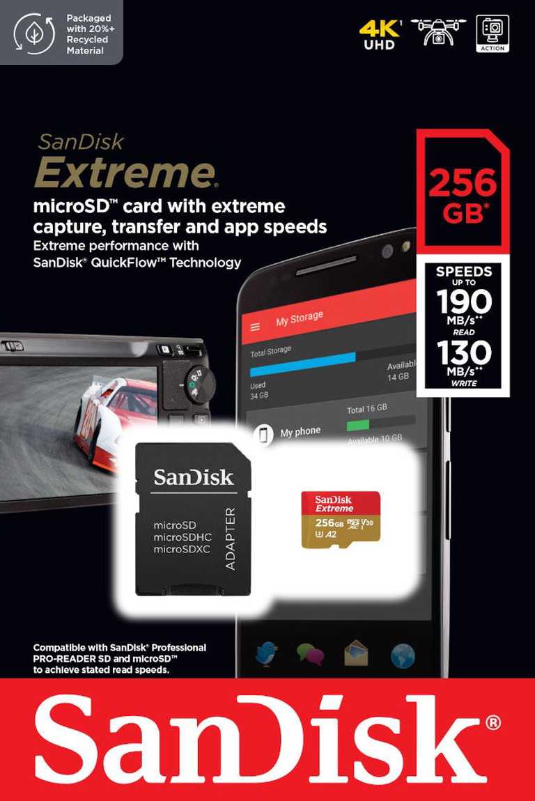 💾 SanDisk Extreme MicroSD 256 GB – odczyt 190 MB/s | zapis 130 MB/s | QuickFlow | 4K UHD | Klasa A2