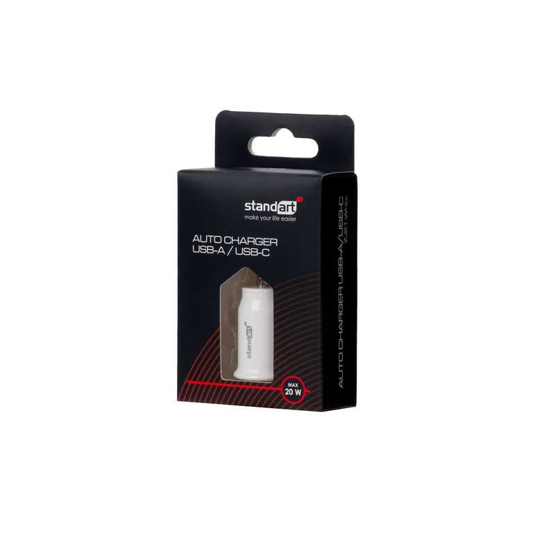 🚗 Standarta GT-ZJ21 automašīnas lādētājs 20W balts - USB + USB-C | Ātra uzlāde | Kompakts