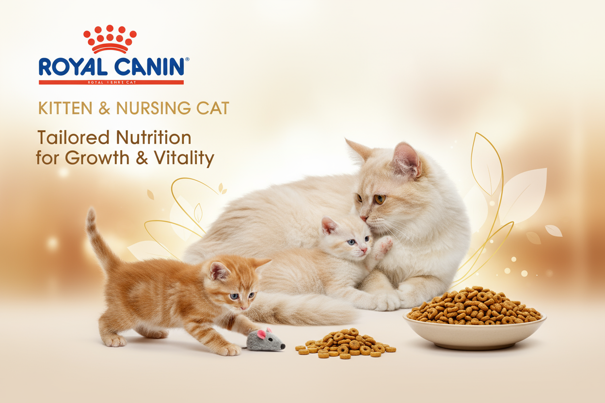 Sveiki kačiukai ir žindanti katė, iliustruojantys Royal Canin augimo linijos sausą maistą kačiukams ir žindančioms katėms