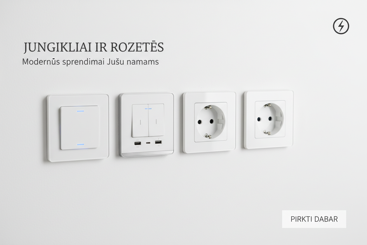 Jungikliai ir rozetės: įleidžiami, paviršiniai, šviesos reguliatoriai, specialieji lizdai. Kokybiška elektros furnitūra. Pristatymas Lietuvoje