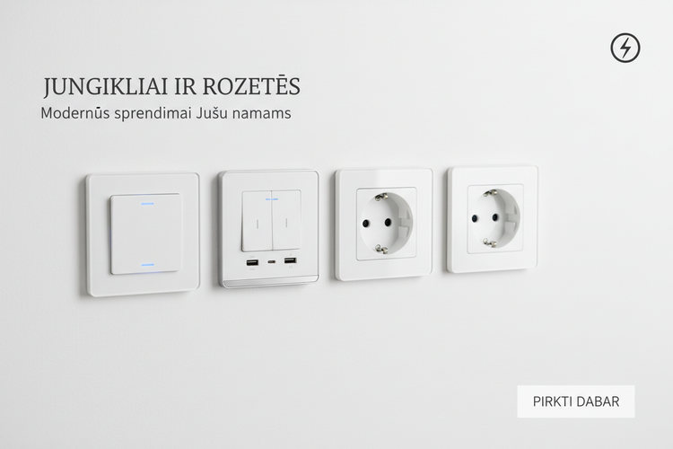Jungikliai ir rozetės: įleidžiami, paviršiniai, šviesos reguliatoriai, specialieji lizdai. Kokybiška elektros furnitūra. Pristatymas Lietuvoje
