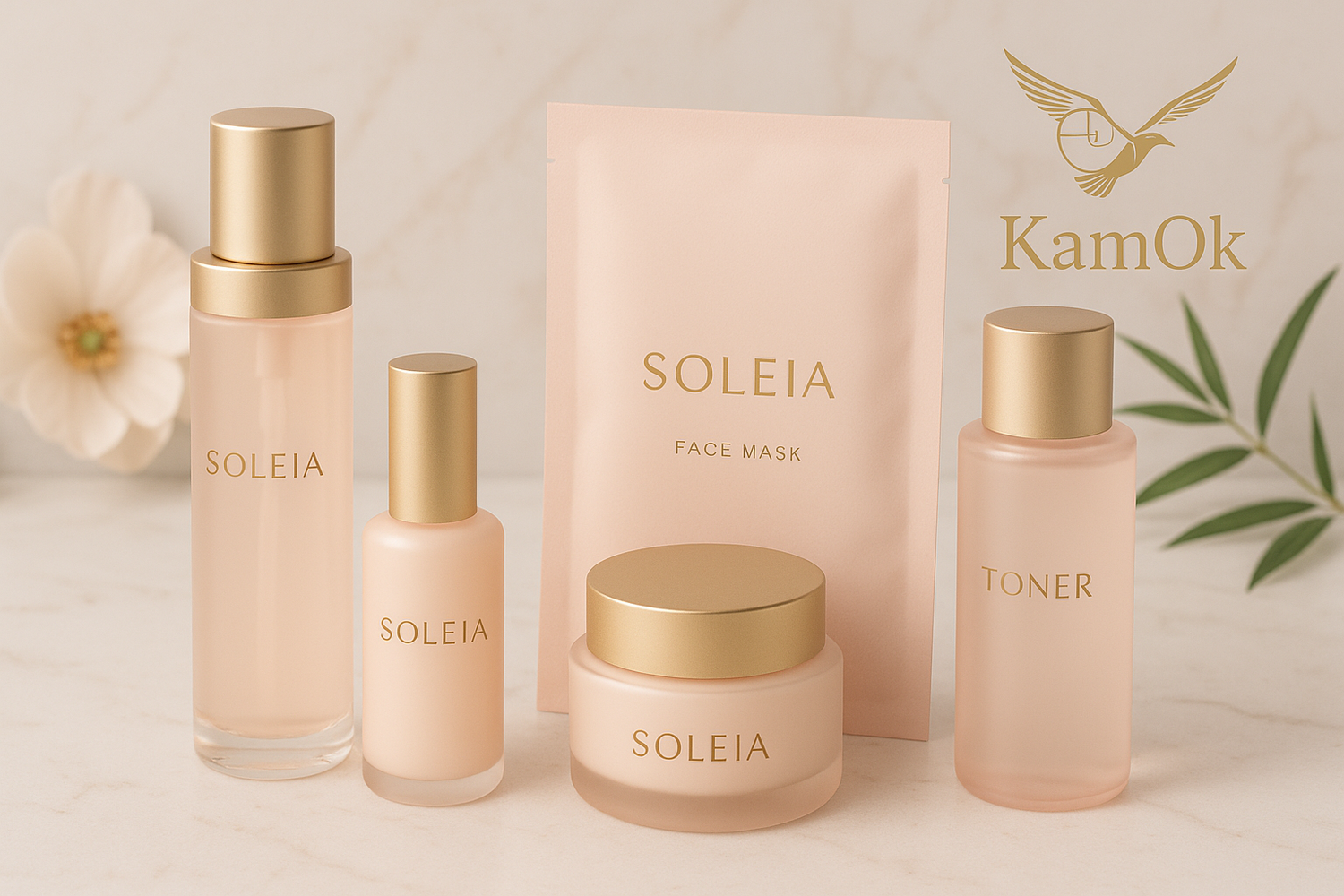Elegantiška Soleia korėjiečių kosmetikos kolekcija - keturi premium produktai ant marmuro paviršiaus su gėlių žiedlapiais ir bambuko šakelėmis fone. KamOk logotipas pateiktas atskirai. Rožiniai, kreminiai, aukso atspalviai.