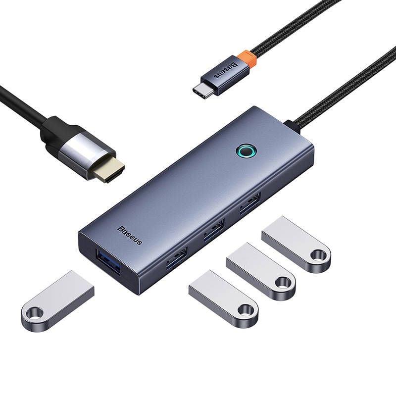 Adapteris Baseus HDMI + 4 x USB 3.0, HDMI/USB-C, 0.1m, 40 W
