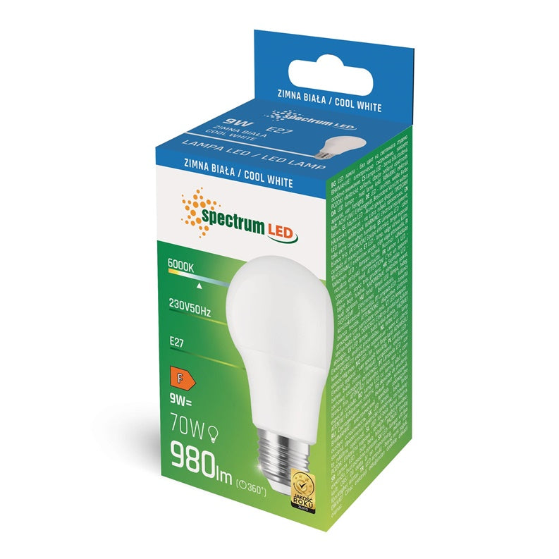 Żarówka Spectrum LED, A60, E27, 9W, 820LM, 3000K