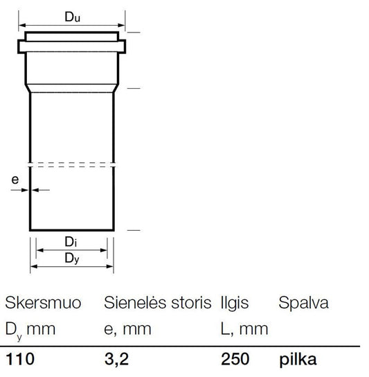 Vidaus kanalizacijos PVC vamzdis Wavin, Ø 110 mm, 0,25 m