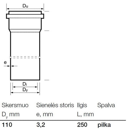 Vidaus kanalizacijos PVC vamzdis Wavin, Ø 110 mm, 0,25 m