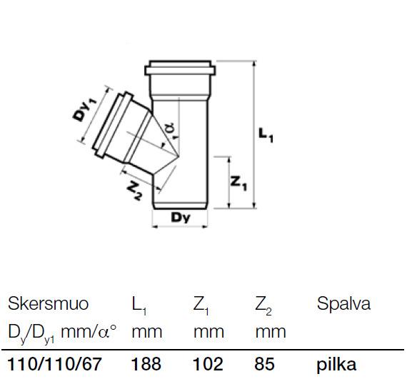 Vidaus kanalizacijos trišakis Wavin, Ø 110 / 110 mm, 67°