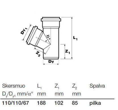 Vidaus kanalizacijos trišakis Wavin, Ø 110 / 110 mm, 67°