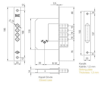 Zamek wpuszczany 189/4MF, z cylindrem, 5 kluczy