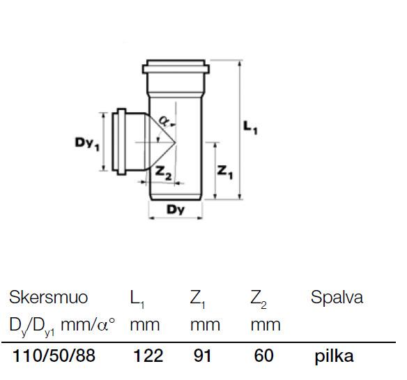 Vidaus kanalizacijos trišakis Wavin, Ø 50 / 110 mm, 88°