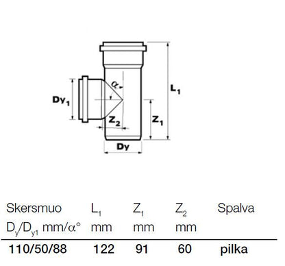 Vidaus kanalizacijos trišakis Wavin, Ø 50 / 110 mm, 88°