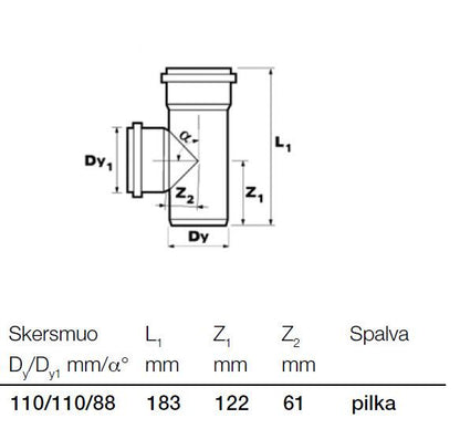 Vidaus kanalizacijos trišakis Wavin, Ø 110 / 110 mm, 88°