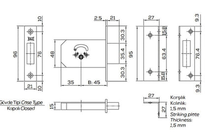 Zamek wpuszczany 156/F, z cylindrem, 5 kluczy
