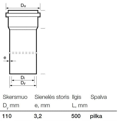 Vidaus kanalizacijos PVC vamzdis Wavin, Ø 110 mm, 0,5 m