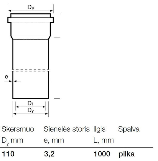 Vidaus kanalizacijos PVC vamzdis Wavin, Ø 110 mm, 1 m