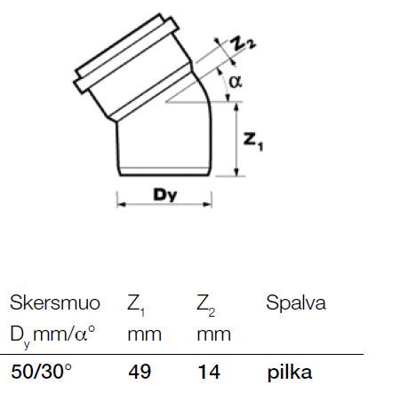 Vidaus kanalizacijos alkūnė Wavin, Ø 50 mm, 30°