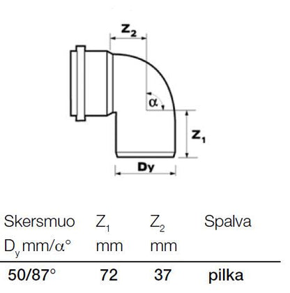 Vidaus kanalizacijos alkūnė Wavin, Ø 50 mm, 87°