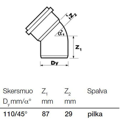 Vidaus kanalizacijos alkūnė Wavin, Ø 110 mm, 45°